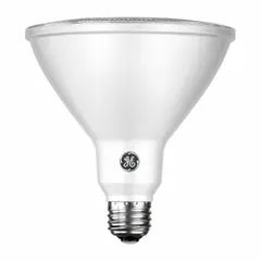 PAR38 LED lamp with clear finish, 18W power consumption, 1550 lm light output, and 2700K color temperature. Operates on 120V AC with a Medium Screw (E26) base. Suitable for track lighting, recessed cans, and outdoor floodlighting in commercial and industrial settings.
