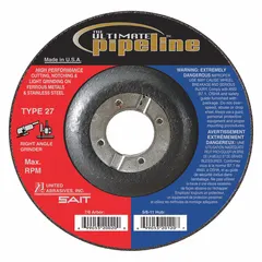 This Type 27 combination wheel is designed for pipeline applications, enabling cutting and grinding of metal in a single step to reduce tool changes. It measures 6 inches in diameter, 1/8 inch thick, with a 7/8 inch arbor hole. The wheel features 24 grit zirconia alumina abrasive for aggressive material removal.