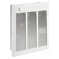 This large recessed electric wall heater operates at 1500 W on 120V AC, single-phase power. It features a white grille and non-programmable controls. The unit is designed for permanent wall-mount installation, with rough-in dimensions of 18-1/4 in x 14-5/8 in x 3-7/8 in (H x W x D). Typical applications include supplemental heating in commercial or industrial spaces.
