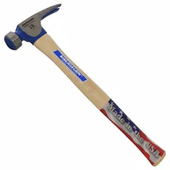 Steel straight-claw hammer with a 19 oz head, 16 in overall length, and 1 1/4 in face diameter. Features a plain grip and wood handle. Suitable for driving and pulling nails in framing, demolition, and general construction tasks.