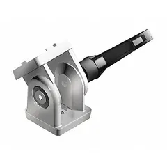 This locking-lever pivot joint connects two 38 mm x 38 mm aluminum profiles in an 8 mm slot system, allowing angular adjustment and locking via a lever. Constructed from zinc with a silver finish, it features an 8.5 mm mounting hole. Used in industrial framing, machine guards, workstations, and conveyor supports where precise repositioning is needed.