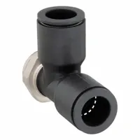 Nylon and nickel-plated brass tee fitting with Tube x Tube x MBSPP configuration. Connects two 10 mm OD tubes and one 1/4 in male BSPP thread. Used in pneumatic and fluid systems for branch connections. Supplied in a 10-pack