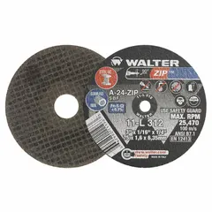 Type 1 cut-off wheel for general purpose cutting of carbon and stainless steel. Aluminum oxide abrasive with 24 grit. 3" diameter, 1/16" thickness, 1/4" arbor hole. ZIP series formulation.