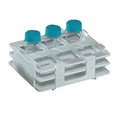 This polypropylene vial rack provides six compartments for benchtop storage and organization of sample vials. The white rack keeps tubes upright and accessible during testing, analysis, or transport.