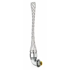 This liquid-tight conduit fitting with strain relief features a 90° elbow and 6 1/4 in mesh length. It is non-insulated and suitable for use in wet or hazardous industrial environments where cable support and grounding continuity are required.
