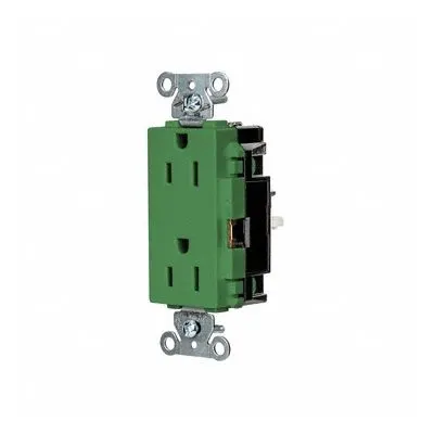 HUBBELL Receptacle: Decorator Duplex, 5-15, Green, 125V AC, 15 A, 2 Pole / 3 Wire (MPN DR15STGN) - General Purpose Receptacles