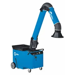 This mobile welding fume extractor features a 7 ft single arm for source capture of airborne welding fumes and particulates. It uses a MERV 16 Filtair MWX-S self-cleaning filter and operates on 120V nominal input voltage. Suitable for industrial fabrication, manufacturing, and repair shop environments.