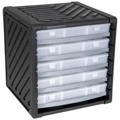 This plastic compartmented-box system in black/clear organizes small components such as fasteners, fittings, and electronic parts. It includes 16 adjustable dividers for custom compartment sizes. Compartments measure 13-1/8 x 1-15/16 in. Not electrostatic discharge conductive.