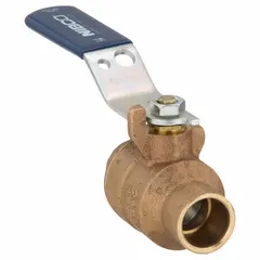 This NIBCO bronze ball valve is a manual two-way shut-off device with a 3/4-inch sweat x sweat connection. It features a full-port design, two-piece construction, and a lever handle. The blue-finished valve is used for on/off control in plumbing, HVAC, and process systems handling water, oil, or gas.