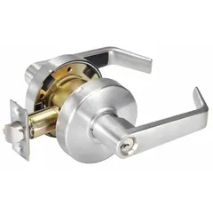 This storeroom lever lockset features a satin chromium-plated heavy gauge steel finish and Augusta style lever. It is ADA compliant and SFIC compatible, with ANSI F86 function for key-only entry from outside and free egress inside. Suitable for commercial doors requiring secure access control.