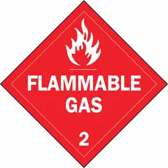 Class 2: Gases placard measuring 10 3/4 in x 10 3/4 in with a 10 3/4 in label height. Displays the message 'Flammable Gas' for hazard communication on containers. Used to identify gas cylinders and other containers holding flammable gases in compliance with DOT placarding requirements.