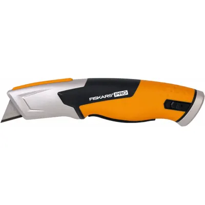 FISKARS Utility Knife: 7 in Overall Lg, Textured, 1 3/4 in Overall Wd, Rubber, Black/Orange - Automatic Retracting Utility Knives
