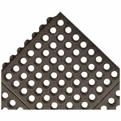 This 3 ft x 3 ft interlocking mat tile features a pebble surface pattern and is constructed of black rubber. Designed for drainage, it allows fluids to pass through, helping to maintain a clean and slip-resistant floor surface in areas prone to wet conditions.