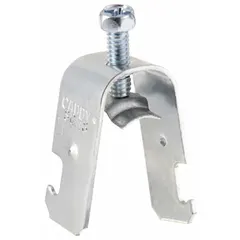 This steel conduit clamp with saddle is electroplated for corrosion resistance. It secures 1/2 in trade size conduit or cables with a range of 0.340 in to 0.710 in to 1-5/8 in strut channels. Typical applications include supporting electrical conduit runs and cable management in industrial and commercial framing systems.