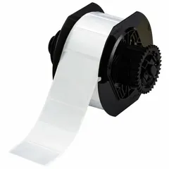 Precut label roll in metalized polyester with silver finish. Halogen-free material. Compatible with BBP33 printer series. Used for industrial labeling, electrical panel marking, and asset tracking.