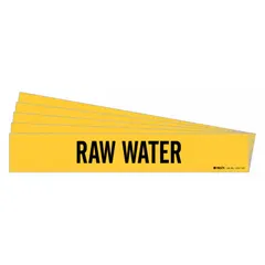 Yellow adhesive pipe marker with black 'Raw Water' legend, designed for pipes with outer diameter of 8 inches and larger. Each pack contains 5 markers without arrows. Suitable for identifying raw water piping in industrial facilities.