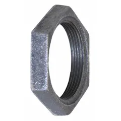 Threaded locknut for securing pipe connections in low-pressure systems. Made of malleable iron with Class 150 rating. Commonly used in plumbing, HVAC, and process piping.