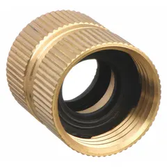 This GHT-to-GHT adapter features a female x female, swivel design with a 31 mm overall length. It connects two female garden hose threads for coupling or extending hoses in water supply, irrigation, and washdown systems.