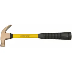 This curved-claw hammer features a non-magnetic aluminum-bronze head with a smooth face and a 3/4 lb weight. The fiberglass handle has a ribbed grip for secure handling. It is corrosion-resistant and suitable for use in environments requiring non-sparking and non-magnetic tools, such as areas with flammable materials or sensitive electronic equipment.