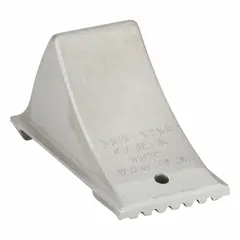 Aluminum wheel chock with built-in handle, rated for vehicles up to 10,000 lb max weight. Overall length 11 3/4 in, width 6 in. Cold-resistant construction suitable for outdoor use during loading, parking, or maintenance. Supplied as a single chock.