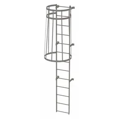 This steel fixed ladder with integrated safety cage provides secure vertical access for industrial applications such as tank climbing, rooftop entry, and maintenance platforms. It has an overall height of 12 ft, overall width of 18 in, and 13 rungs. The ladder is supplied as a single-section, fully assembled unit.