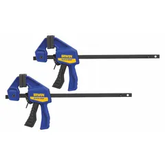 This IRWIN dual-function tool serves as both a trigger clamp and a spreader, with a 4 in max jaw opening and 35 lb clamping force. The 1 1/4 in throat depth accommodates light-duty holding and spreading tasks in woodworking, metalworking, and assembly applications.