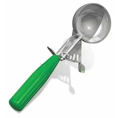 This #12 thumb disher features an 18-8 stainless steel bowl and plastic handle, with a 2 1/2 in bowl diameter. It is NSF certified for use in commercial food service environments. Commonly used for portioning cookie dough, batter, or ice cream.