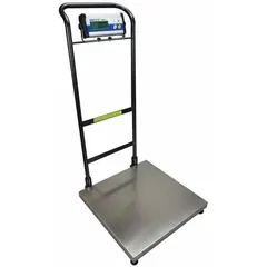 Floor scale with 330 lb capacity and readability of 0.05 kg/0.1 lb. Weighs in lb/oz units. Stainless steel platform resists corrosion. RS-232 port enables data transfer to printers or computers for record-keeping.