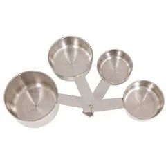 This 4-piece measuring cup set from CRESTWARE is constructed of stainless steel in a gray finish. Designed for liquid measurement, it includes capacities of 0.25, 0.33, 0.5, and 1 cup with 1-cup graduation subdivisions. NSF certified for use in commercial food service environments.