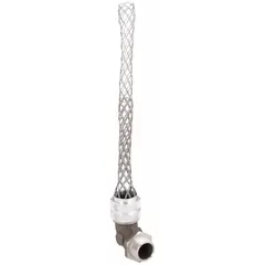 This 90° metallic cord grip with mesh provides strain relief and liquid-tight sealing for electrical cables entering enclosures. The aluminum body and stainless steel external strain relief resist corrosion. Suitable for Class I, Division 2 hazardous locations. Connects via 1 in MNPT and accepts cord diameters from 0.87 to 1.00 in.