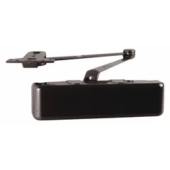 Grade 1 heavy duty parallel arm door closer for interior or exterior doors. Bronze finish, non-hold open, with adjustable spring size 4. Measures 10 3/8 in length by 2 3/4 in width. ADA compliant. Suitable for commercial and industrial applications requiring controlled closing.