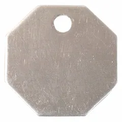 General-purpose blank valve tags made of stainless steel in a silver finish. Octagon shape, 0.035 inches thick. Supplied in a pack of 25. Suitable for identifying valves, pipes, and equipment in industrial facilities.