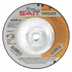 General purpose combination wheel for cutting and grinding on pipelines. Aluminum oxide construction with 24 grit. Type 27 shape, 6" diameter, 1/8" thickness, 5/8"-11 arbor. Suitable for ferrous metals, weld preparation, and surface blending in industrial piping applications.