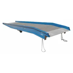 Yard ramp with 70 in overall width, 64 in usable width, and 8 in side rail height. Raised diamond treadplate surface provides slip resistance. Used for loading and unloading equipment, pallets, and materials where a permanent dock is unavailable.