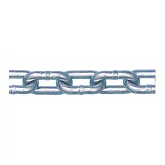 This PEERLESS Grade-30 load-securing chain is made of carbon steel with a straight, welded design. It is used for tie-downs, towing, and material handling applications where moderate strength is required.