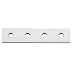 Anodized aluminum plate connector from the 10 Series, measuring 4 in x 57/64 in x 13/64 in. Designed for use with 1/4 in slot width T-slot aluminum extrusions. Commonly used to join extrusions in structural framing applications such as machine guards, workstations, and automation structures.