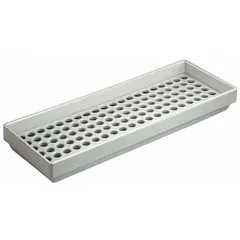 This white polystyrene test tube rack is designed for benchtop use in laboratories. It holds up to 120 tubes and measures 5 5/8 in wide, 2 1/4 in high, and 16 in long. The rack provides organized storage for test tubes during experiments, sample preparation, or general lab work.