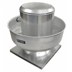 Wall-mounted kitchen air belt-drive fan with square base, assembled and includes drive package. Open Dripproof motor, single speed, 115/230V AC. Designed for high-static pressure applications, exhaust airflow 2261 cfm at 0.000 in SP and 0.500 in SP. Suitable for commercial kitchen exhaust systems.