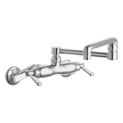 Cast brass widespread wall-mount kitchen faucet with two mounting holes. Suitable for commercial or industrial kitchen installations requiring a durable, fixed-position faucet.