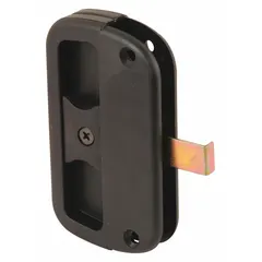 This sliding handle and latch kit is designed for screen doors in sliding door applications. The kit includes a handle and latch mechanism in a black, unfinished finish. Overall height is 3 7/8 inches and overall length is 3/8 inches.