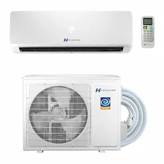 Wall-mount air handler mini-split system for heating and cooling spaces from 400 sq ft to 600 sq ft. Delivers 4,000 BtuH to 12,000 BtuH, operates on 230V AC, and includes a remote control. Suitable for residential or light commercial applications.