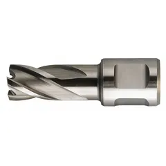 This annular cutter is made of bright high-speed steel with a 2 7/16 in diameter and 1 in maximum cutting depth. It features a Weldon Flat shank and fractional inch sizing. Used for general cutting applications in metal fabrication and structural steel work, it creates clean holes in steel plates and beams.