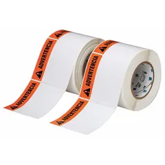 Precut label roll with WARNING header, 4 in x 4 in, made of white polyester with rubber adhesive. Halogen-free material suitable for environments requiring low-smoke, zero-halogen properties. Compatible with THT printer series. Used for industrial safety identification and hazard communication on equipment, pipes, or areas.