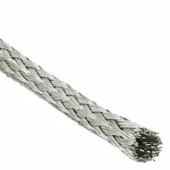 Tinned copper braided sleeving for EMI shielding of cables. Provides abrasion resistance and operates from -40°F to 1,828°F. RU Certified. Suitable for industrial wiring, control panels, and data transmission lines requiring signal integrity.