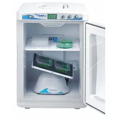 Forced-air refrigerated incubator with 0.75 cu ft capacity, internal dimensions 14 1/2 in x 13 1/4 in x 18 3/4 in. Digital controls provide temperature range from ambient down to -15 °C with stability of ±0.5 °C and uniformity of ±1.5 °C. Suitable for low-temperature incubation, enzyme reactions, and microbial growth requiring precise cooling.