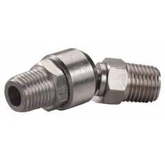 This ball-joint swivel air line fitting is constructed with chrome-plated Ml08 steel and NBR seals. It has 1/4 in male NPT inlet and outlet connections and is rated for a maximum operating pressure of 150 psi. Used in pneumatic systems to connect hoses or tools where flexible movement is required.