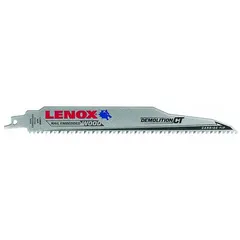 Carbide demolition blade for reciprocating saws. 9-inch length, 0.05-inch thickness, 6 teeth per inch. Rigid design for straight cuts in metal, wood, and nail-embedded materials. Suitable for heavy-duty cutting in construction and demolition applications.