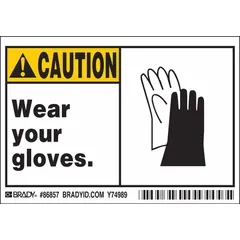 Polyester caution sign with adhesive backing for mounting on machinery, doors, or walls. Each sign measures 3 1/2 in x 5 in with a thickness of 0.01 in. Pack of 5. Not retroreflective, not glow-in-the-dark, no anti-slip surface.