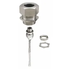 Straight metallic cord grip with mesh, constructed with a stainless steel body and external strain relief. Connects via 1/2 in MNPT box connection and accommodates cord diameters from 0.43 in to 0.50 in. Used to secure and seal electrical cables entering enclosures, providing strain relief in industrial machinery, control panels, and automation systems.
