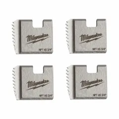 This 4-piece die set cuts NPT right-hand threads on 3/4 in steel pipe. Made from high-speed steel, it is designed for use with manual and handheld power threaders. Suitable for plumbing, piping, and general maintenance threading applications.
